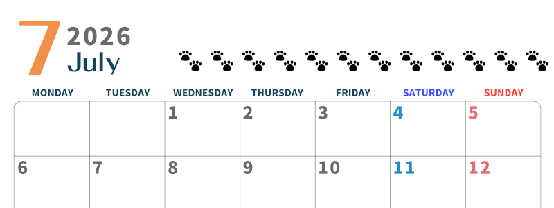 2026年7月カレンダーは横型月曜始まり で猫の黒い肉球がゆるかわいいほっこりするイラストつき無料素材♪(2026-01220701)
