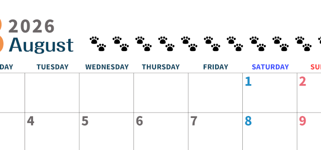 2026年8月カレンダーは横型月曜始まりで猫の黒い肉球がゆるかわいいほっこりするイラストつき無料素材♪(2026-01220801)