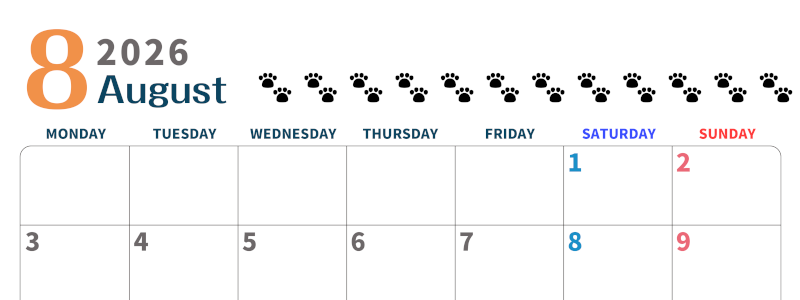 2026年8月カレンダーは横型月曜始まりで猫の黒い肉球がゆるかわいいほっこりするイラストつき無料素材♪(2026-01220801)