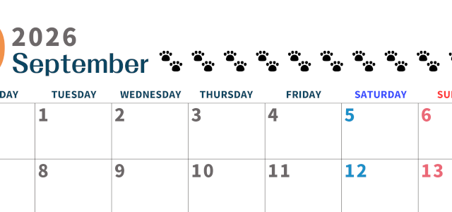 2026年9月カレンダーは横型月曜始まりで猫の黒い肉球がゆるかわいいほっこりするイラストつき無料素材♪(2026-01220901)