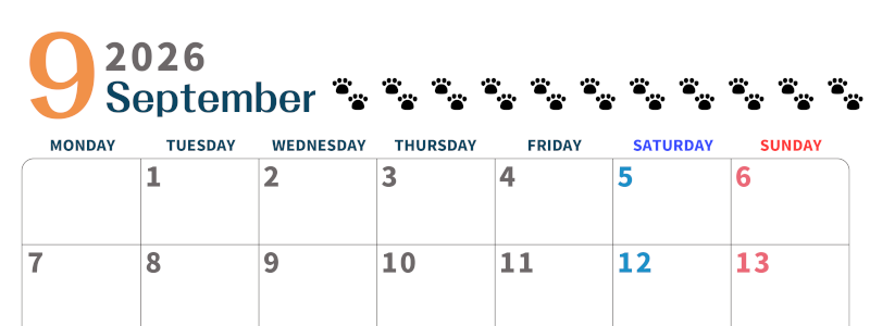2026年9月カレンダーは横型月曜始まりで猫の黒い肉球がゆるかわいいほっこりするイラストつき無料素材♪(2026-01220901)