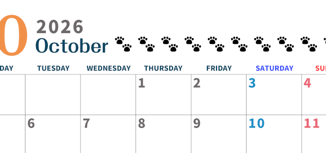 2026年10月カレンダーは横型月曜始まりで猫の黒い肉球がゆるかわいいほっこりするイラストつき無料素材♪(2026-01221001)