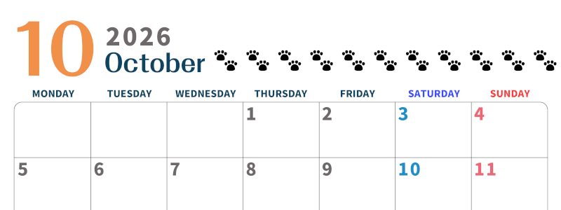 2026年10月カレンダーは横型月曜始まりで猫の黒い肉球がゆるかわいいほっこりするイラストつき無料素材♪(2026-01221001)