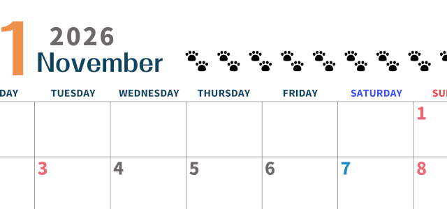 2026年11月カレンダーは横型月曜始まりで猫の黒い肉球がゆるかわいいほっこりするイラストつき無料素材♪(2026-01221101)