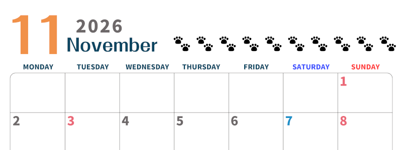 2026年11月カレンダーは横型月曜始まりで猫の黒い肉球がゆるかわいいほっこりするイラストつき無料素材♪(2026-01221101)