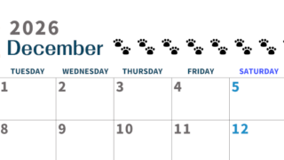2026年12月カレンダーは横型月曜始まりで猫の黒い肉球がゆるかわいいほっこりするイラストつき無料素材♪(2026-01221201)