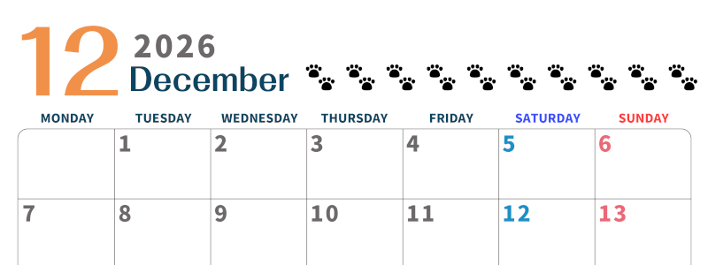 2026年12月カレンダーは横型月曜始まりで猫の黒い肉球がゆるかわいいほっこりするイラストつき無料素材♪(2026-01221201)