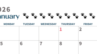 2026年1月カレンダーは横型日曜始まりで猫の黒い肉球がゆるかわいいほっこりするイラストつき無料素材♪(2026-01220100)