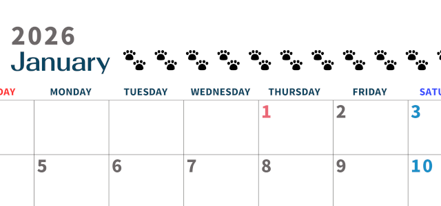 2026年1月カレンダーは横型日曜始まりで猫の黒い肉球がゆるかわいいほっこりするイラストつき無料素材♪(2026-01220100)