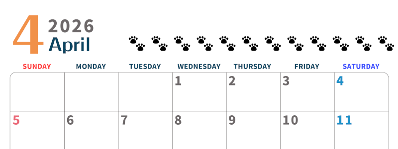 2026年4月カレンダーは横型日曜始まりで猫の黒い肉球がゆるかわいいほっこりするイラストつき無料素材♪(2026-01220400)