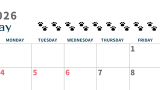2026年5月カレンダーは横型日曜始まりで猫の黒い肉球がゆるかわいいほっこりするイラストつき無料素材♪(2026-01220500)