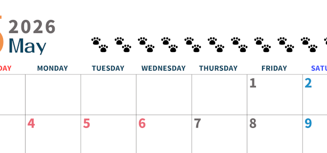 2026年5月カレンダーは横型日曜始まりで猫の黒い肉球がゆるかわいいほっこりするイラストつき無料素材♪(2026-01220500)