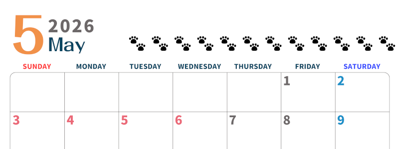 2026年5月カレンダーは横型日曜始まりで猫の黒い肉球がゆるかわいいほっこりするイラストつき無料素材♪(2026-01220500)