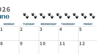 2026年6月カレンダーは横型日曜始まりで猫の黒い肉球がゆるかわいいほっこりするイラストつき無料素材♪(2026-01220600)