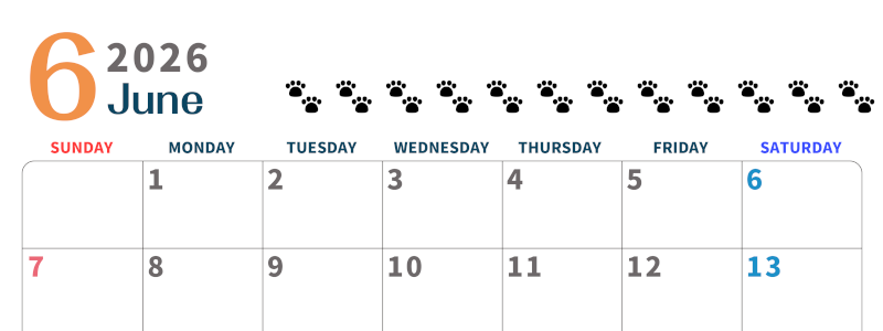 2026年6月カレンダーは横型日曜始まりで猫の黒い肉球がゆるかわいいほっこりするイラストつき無料素材♪(2026-01220600)