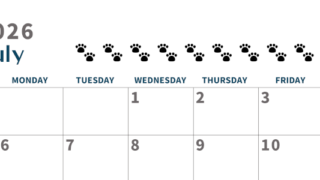 2026年7月カレンダーは横型日曜始まりで猫の黒い肉球がゆるかわいいほっこりするイラストつき無料素材♪(2026-01220700)