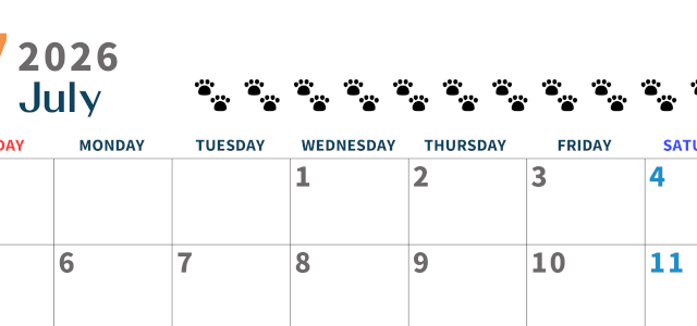 2026年7月カレンダーは横型日曜始まりで猫の黒い肉球がゆるかわいいほっこりするイラストつき無料素材♪(2026-01220700)