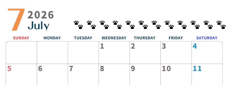 2026年7月カレンダーは横型日曜始まりで猫の黒い肉球がゆるかわいいほっこりするイラストつき無料素材♪(2026-01220700)