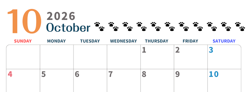 2026年10月カレンダーは横型日曜始まりで猫の黒い肉球がゆるかわいいほっこりするイラストつき無料素材♪(2026-01221000)