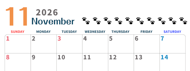 2026年11月カレンダーは横型日曜始まりで猫の黒い肉球がゆるかわいいほっこりするイラストつき無料素材♪(2026-01221100)
