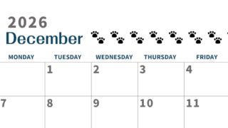 2026年12月カレンダーは横型日曜始まりで猫の黒い肉球がゆるかわいいほっこりするイラストつき無料素材♪(2026-01221200)