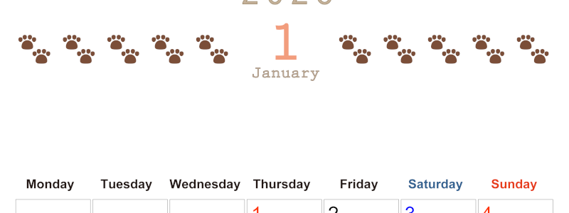 2026年1月カレンダーは縦型月曜始まりで猫の自由きままな足あとがおしゃれかわいいデザインなのでおすすめ：無料(2026-01230111)