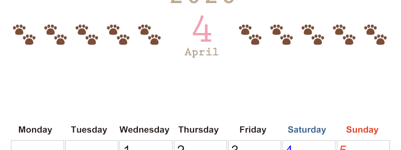 2026年4月カレンダーは縦型月曜始まりで猫の自由きままな足あとがおしゃれかわいいデザインなのでおすすめ：無料(2026-01230411)