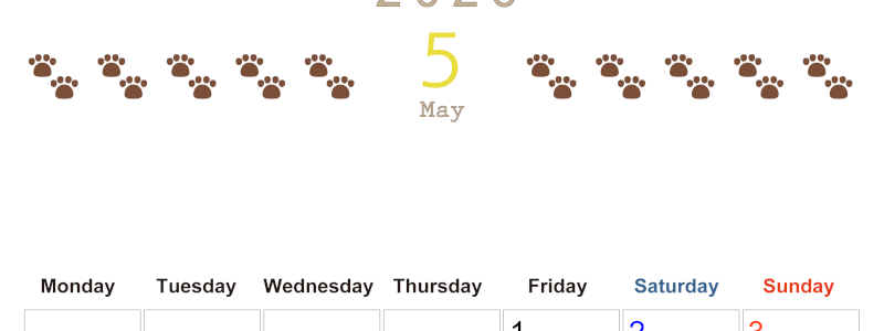 2026年5月カレンダーは縦型月曜始まりで猫の自由きままな足あとがおしゃれかわいいデザインなのでおすすめ：無料(2026-01230511)