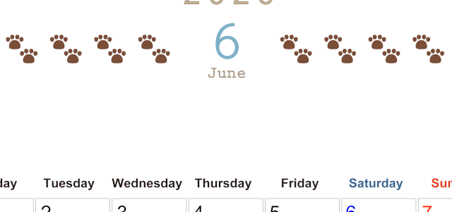 2026年6月カレンダーは縦型月曜始まりで猫の自由きままな足あとがおしゃれかわいいデザインなのでおすすめ：無料(2026-01230611)