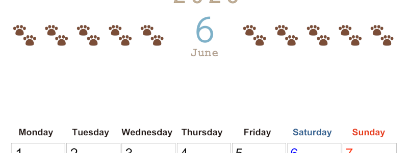 2026年6月カレンダーは縦型月曜始まりで猫の自由きままな足あとがおしゃれかわいいデザインなのでおすすめ：無料(2026-01230611)