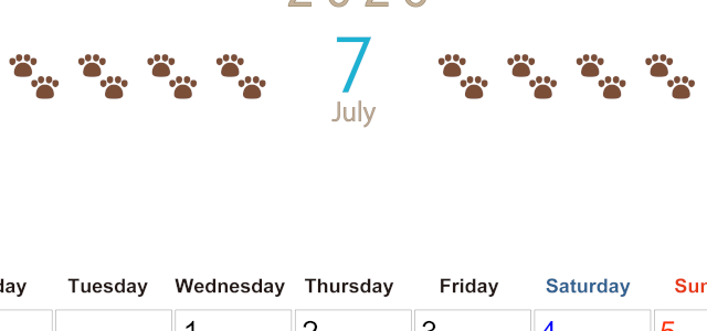 2026年7月カレンダーは縦型月曜始まり で猫の自由きままな足あとがおしゃれかわいいデザインなのでおすすめ：無料(2026-01230711)