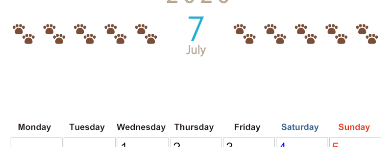 2026年7月カレンダーは縦型月曜始まり で猫の自由きままな足あとがおしゃれかわいいデザインなのでおすすめ：無料(2026-01230711)