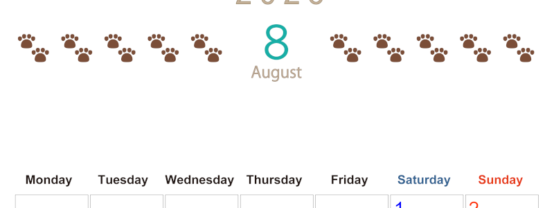 2026年8月カレンダーは縦型月曜始まりで猫の自由きままな足あとがおしゃれかわいいデザインなのでおすすめ：無料(2026-01230811)