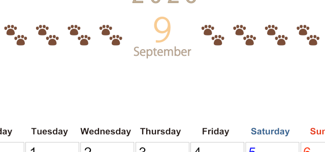 2026年9月カレンダーは縦型月曜始まりで猫の自由きままな足あとがおしゃれかわいいデザインなのでおすすめ：無料(2026-01230911)