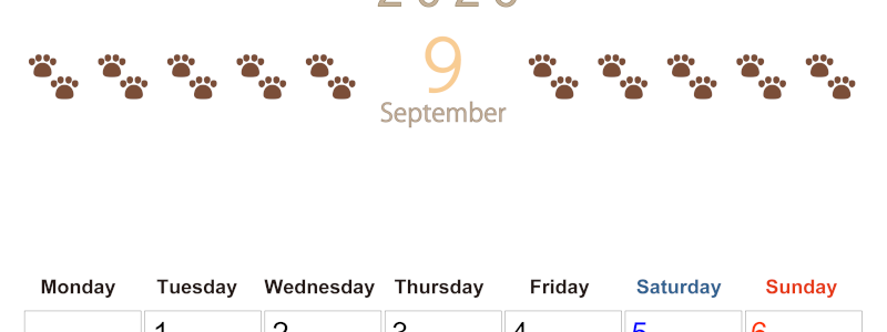 2026年9月カレンダーは縦型月曜始まりで猫の自由きままな足あとがおしゃれかわいいデザインなのでおすすめ：無料(2026-01230911)