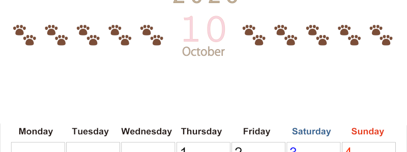 2026年10月カレンダーは縦型月曜始まりで猫の自由きままな足あとがおしゃれかわいいデザインなのでおすすめ：無料(2026-01231011)