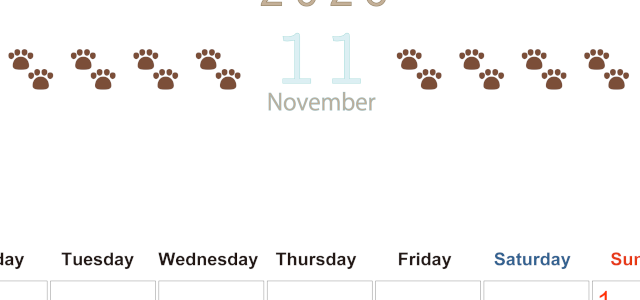 2026年11月カレンダーは縦型月曜始まりで猫の自由きままな足あとがおしゃれかわいいデザインなのでおすすめ：無料(2026-01231111)