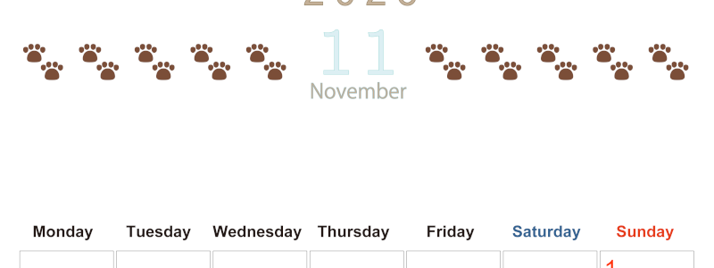 2026年11月カレンダーは縦型月曜始まりで猫の自由きままな足あとがおしゃれかわいいデザインなのでおすすめ：無料(2026-01231111)