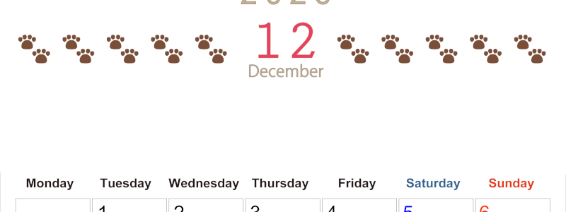 2026年12月カレンダーは縦型月曜始まりで猫の自由きままな足あとがおしゃれかわいいデザインなのでおすすめ：無料(2026-01231211)