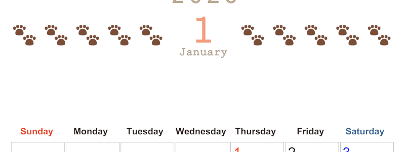 2026年1月カレンダーは縦型日曜始まりで猫の自由きままな足あとがおしゃれかわいいデザインなのでおすすめ：無料(2026-01230110)