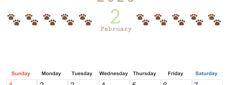2026年2月カレンダーは縦型日曜始まりで猫の自由きままな足あとがおしゃれかわいいデザインなのでおすすめ：無料(2026-01230210)
