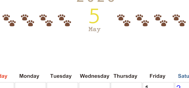 2026年5月カレンダーは縦型日曜始まりで猫の自由きままな足あとがおしゃれかわいいデザインなのでおすすめ：無料(2026-01230510)