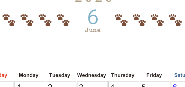 2026年6月カレンダーは縦型日曜始まりで猫の自由きままな足あとがおしゃれかわいいデザインなのでおすすめ：無料(2026-01230610)