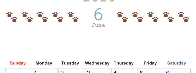 2026年6月カレンダーは縦型日曜始まりで猫の自由きままな足あとがおしゃれかわいいデザインなのでおすすめ：無料(2026-01230610)