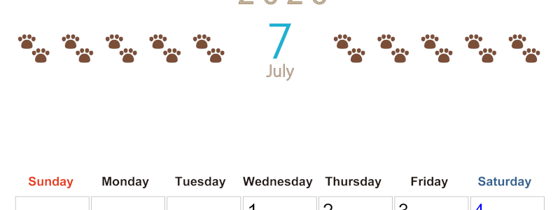 2026年7月カレンダーは縦型日曜始まり で猫の自由きままな足あとがおしゃれかわいいデザインなのでおすすめ：無料(2026-01230710)