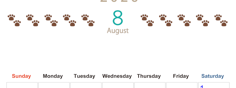 2026年8月カレンダーは縦型日曜始まりで猫の自由きままな足あとがおしゃれかわいいデザインなのでおすすめ：無料(2026-01230810)