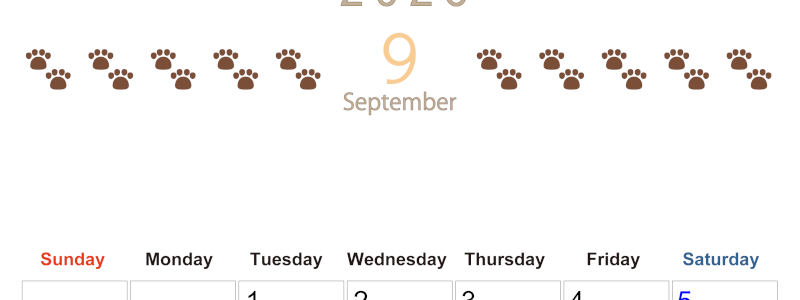 2026年9月カレンダーは縦型日曜始まりで猫の自由きままな足あとがおしゃれかわいいデザインなのでおすすめ：無料(2026-01230910)