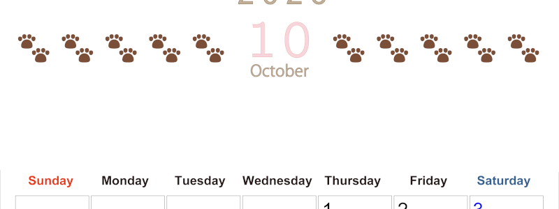 2026年10月カレンダーは縦型日曜始まりで猫の自由きままな足あとがおしゃれかわいいデザインなのでおすすめ：無料(2026-01231010)