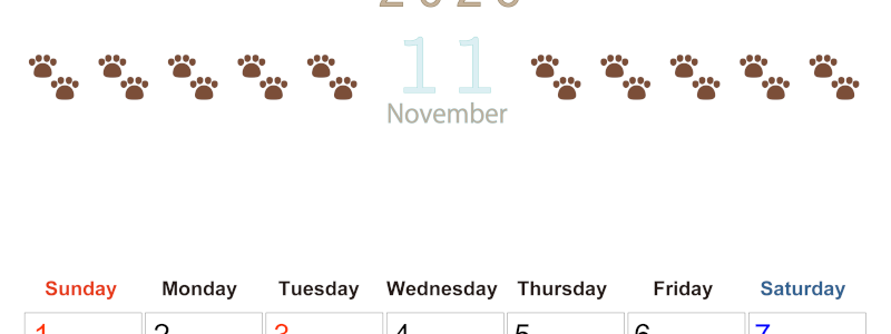 2026年11月カレンダーは縦型日曜始まりで猫の自由きままな足あとがおしゃれかわいいデザインなのでおすすめ：無料(2026-01231110)