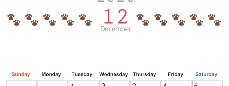 2026年12月カレンダーは縦型日曜始まりで猫の自由きままな足あとがおしゃれかわいいデザインなのでおすすめ：無料(2026-01231210)